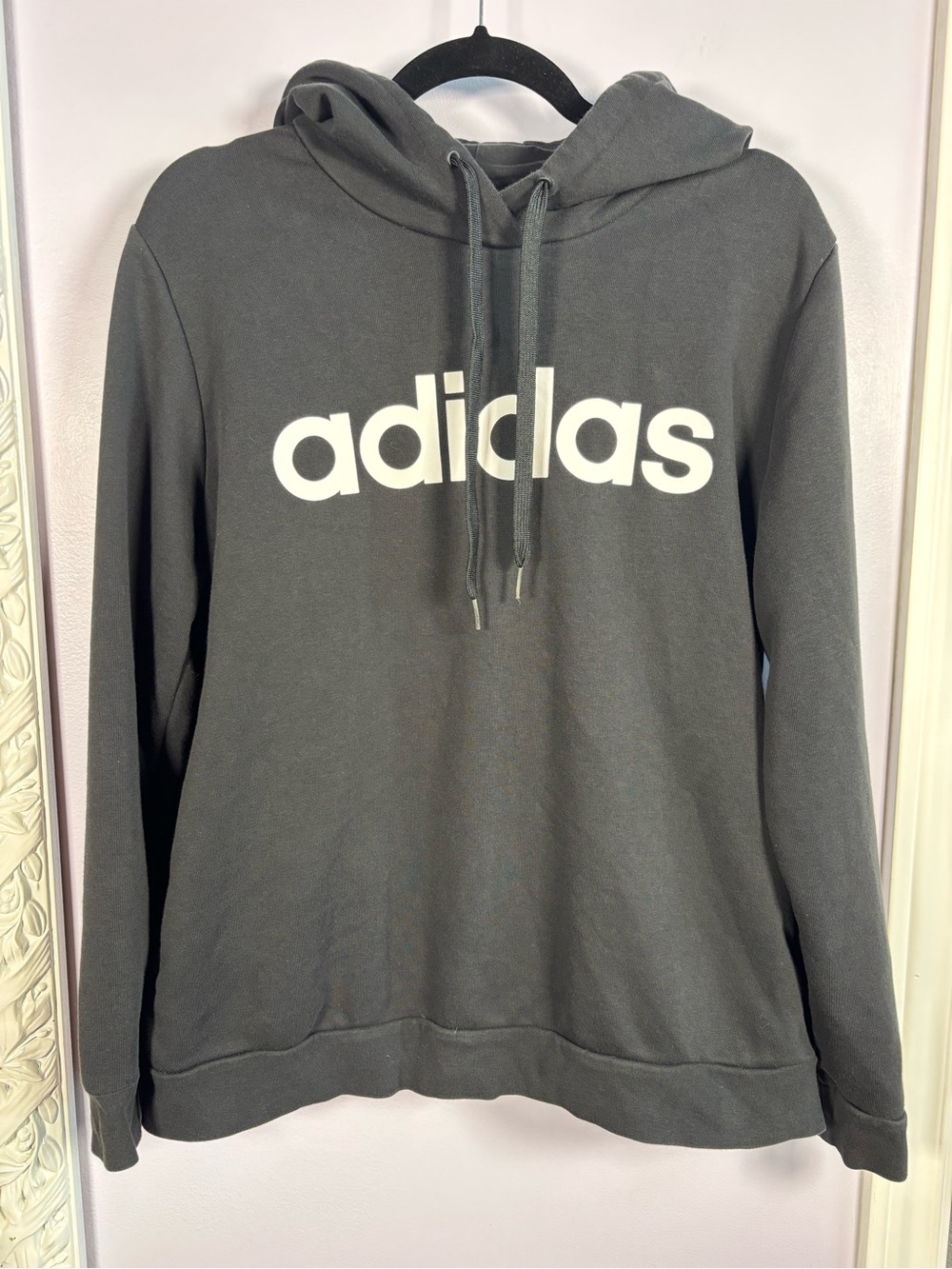 adidas Womens Black Logo Pullover Cozy Hoodie With Pockets Size XL